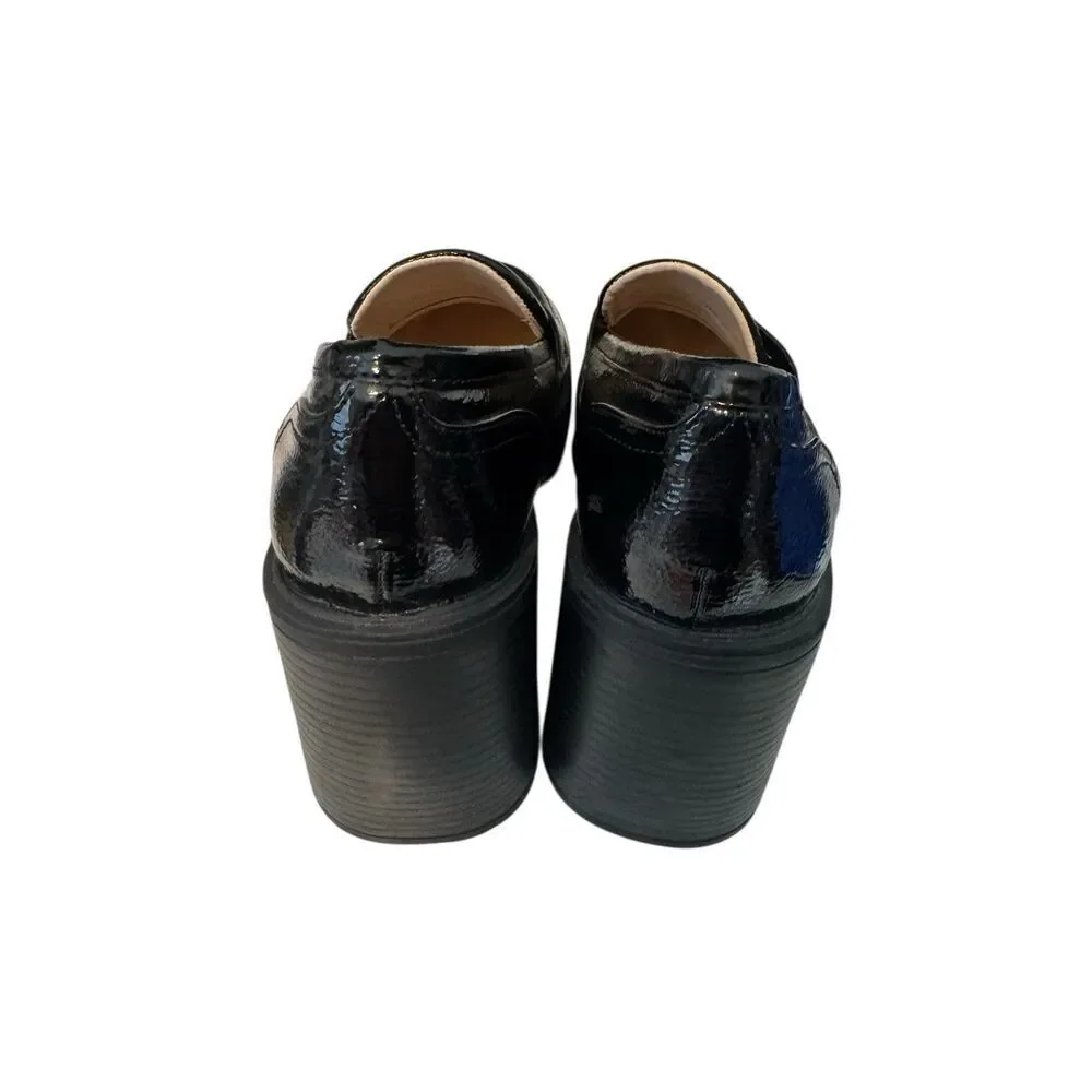 New PRINCESS POLLY Black Loafer Patent Leather Platform Heels Trending Sz 7
